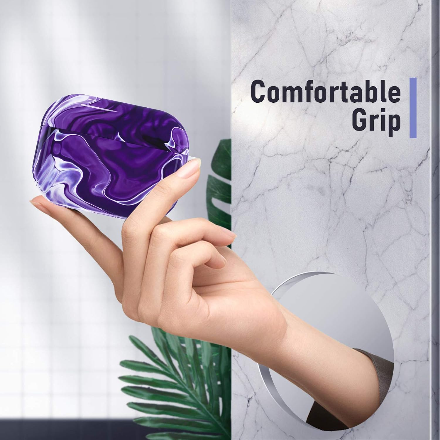 Caka Case for AirPods Pro, AirPods Pro Marble Case Cover Girly Girls Women Protective Shockproof with Keychain Cute Flexible Slim Case Cover for AirPods Pro (White Purple)