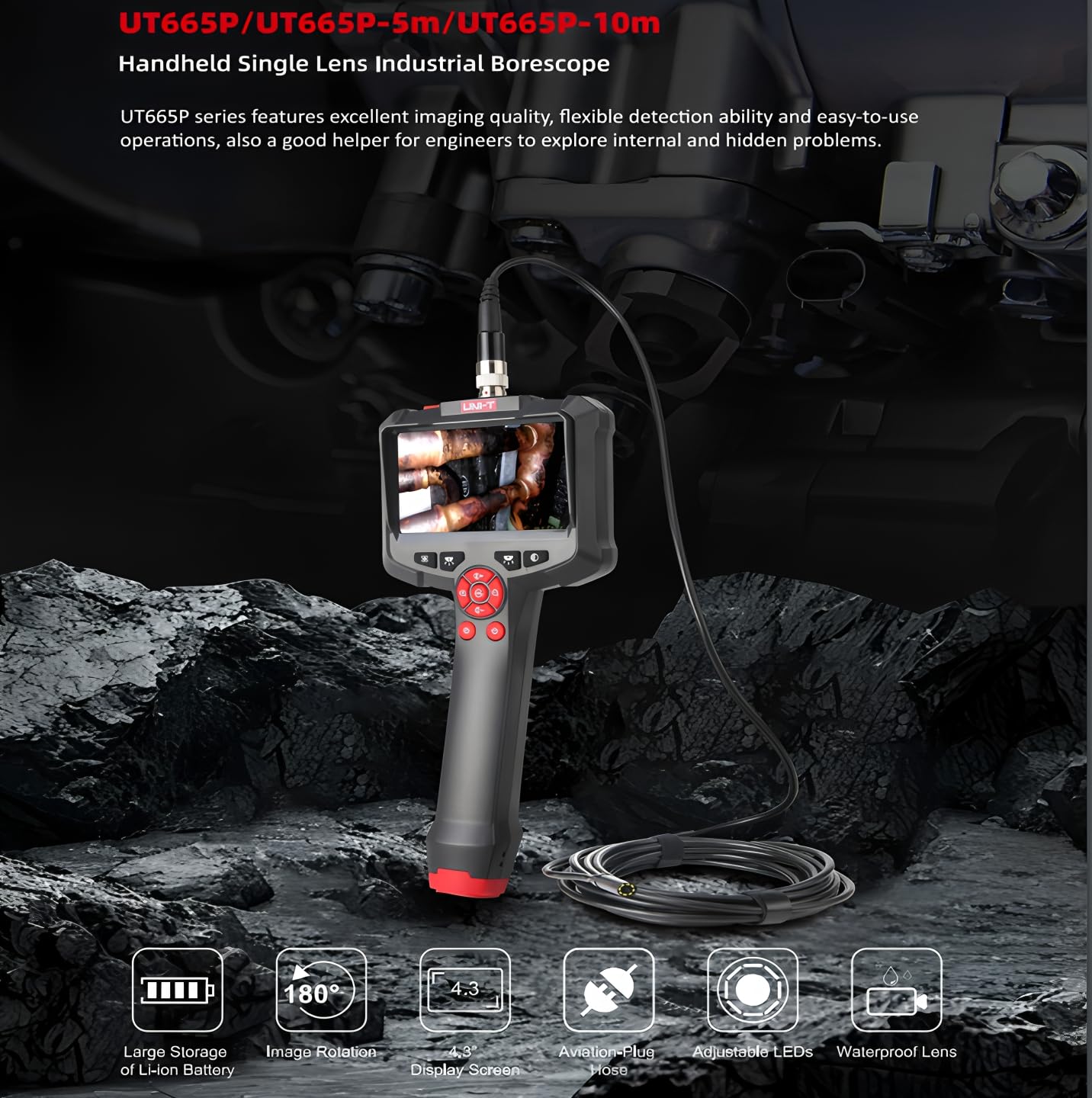 UNI-T UT665P 1M/5M/10M Industrial Endoscope Camera 4.3inch IPS IP67 Waterproof HD 920P 8mm Lens Pipe Sewer Inspection Camera Borescope(UT665P 5M)