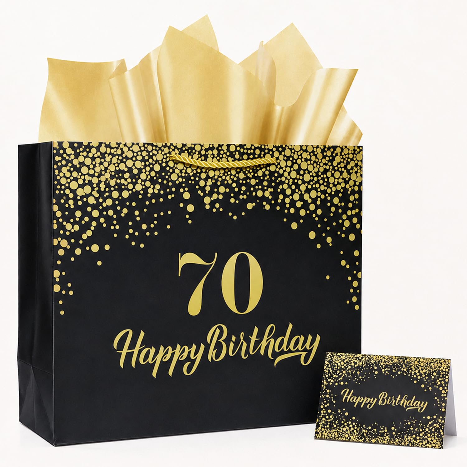 Black 13.3' Large 70th Birthday Gift Bag with Tissue Paper and Greeting Card for Men Women's Birthday Supplies (Black 70th)