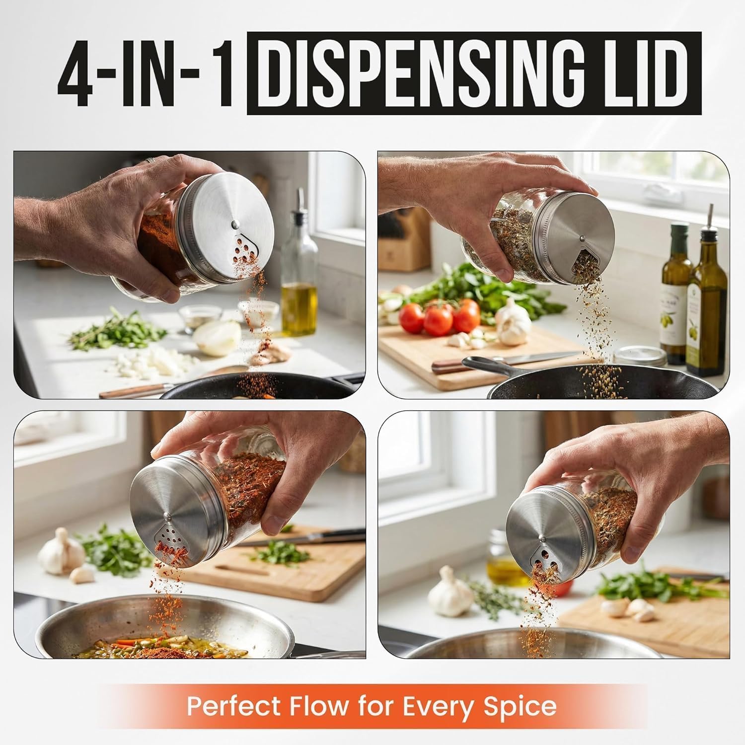 Mason Jar Shaker Lids Stainless Steel – Adjustable Spice & Seasoning Dispenser Tops for Regular Mouth Ball Canning Jars (8 Pack)