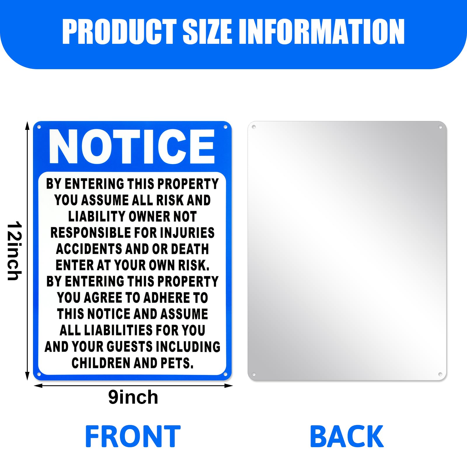 4 letreros de aluminio con texto en inglés "Not Responsible for Accidents or Injuries", con texto en inglés "Enter at your own risk", 22,8 x 30,5 cm, aviso al ingresar esta propiedad para