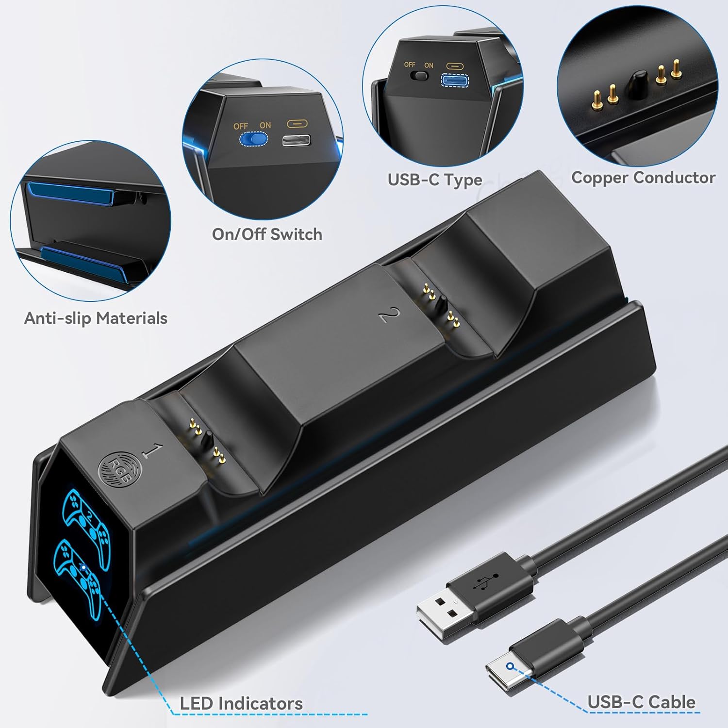 PS5 Controller Charger Station Compatible with PlayStation 5 Faceplates Edge & Dual Controller, 9 Lightings PS5 Accessories Charging Station, PS 5 Dock Stand with LED Indicator & On-off Switch & Cable - Image 5