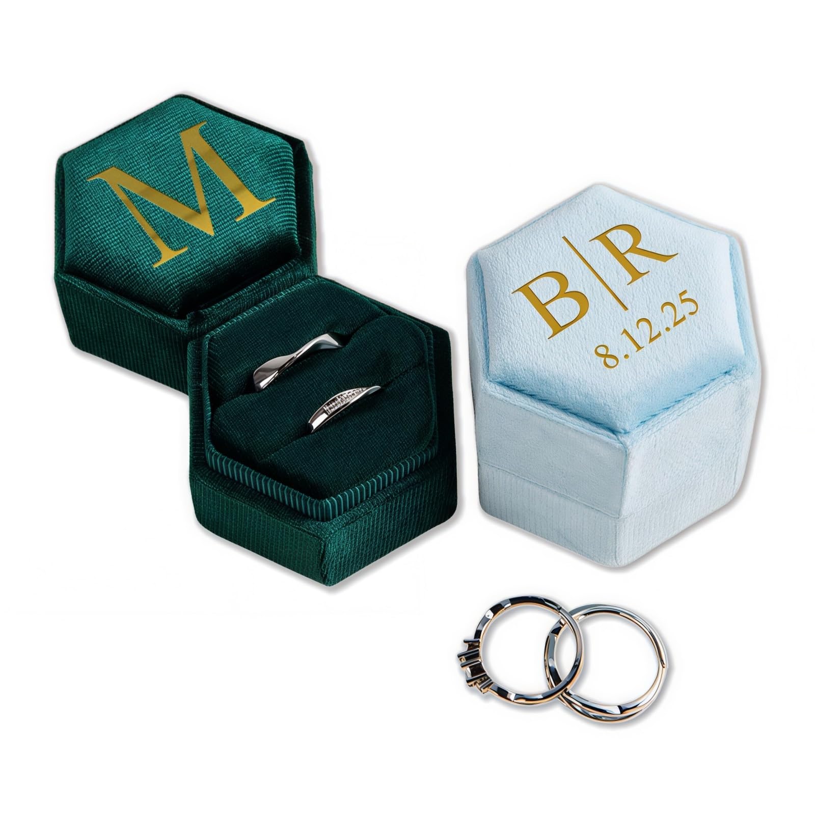 Personalized Velvet Ring Box, Custom Hexagon Double Slot Wedding Ring Box With Monogram, Elegant Engagement Jewelry Case, Wedding Ceremony Decoration
