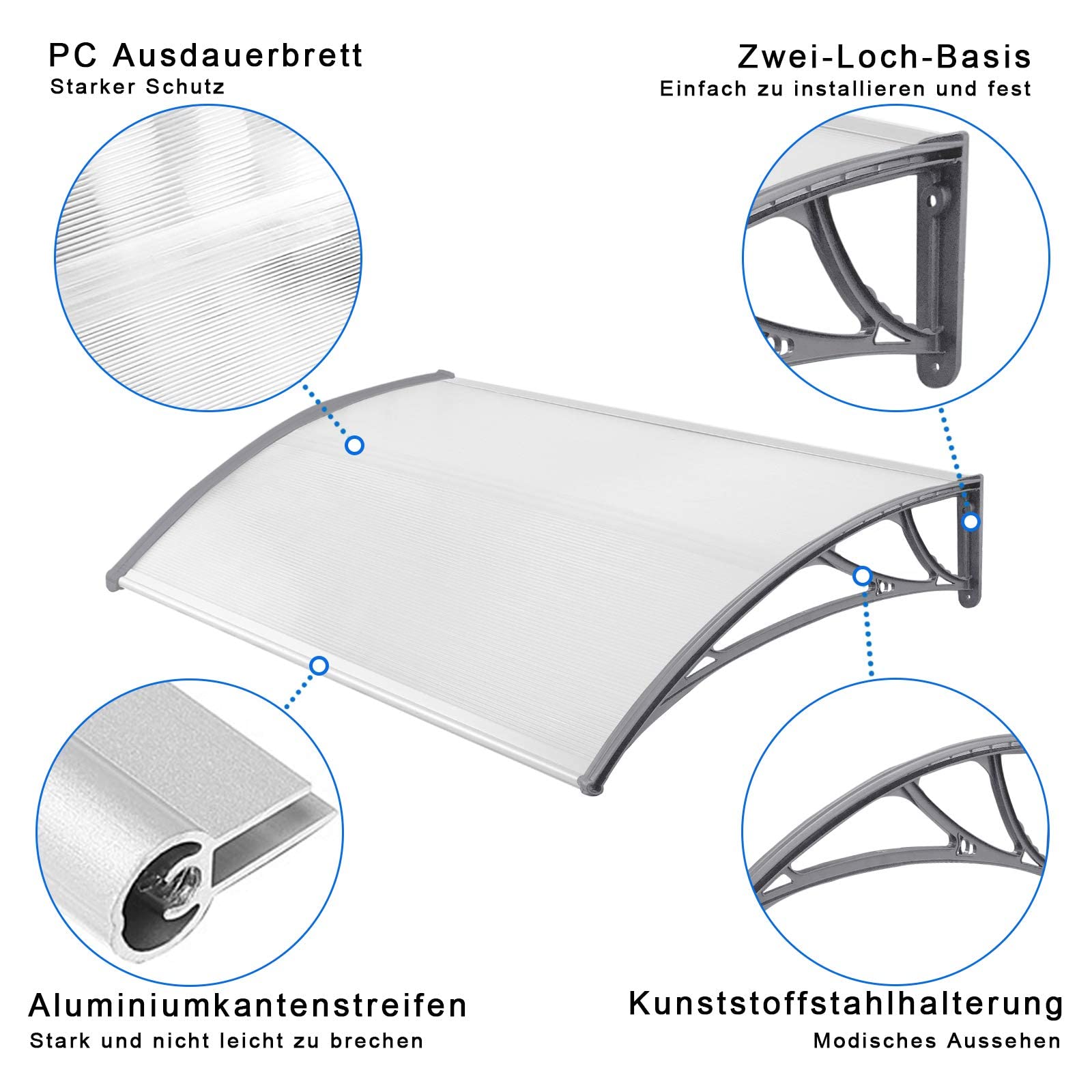 UISEBRT Zadaszenie do drzwi wejściowych - zadaszenie łukowe, przezroczyste drzwi o grubości 5 mm, do garażu, okna, domu, na balkon (150 x 100 cm, szary)