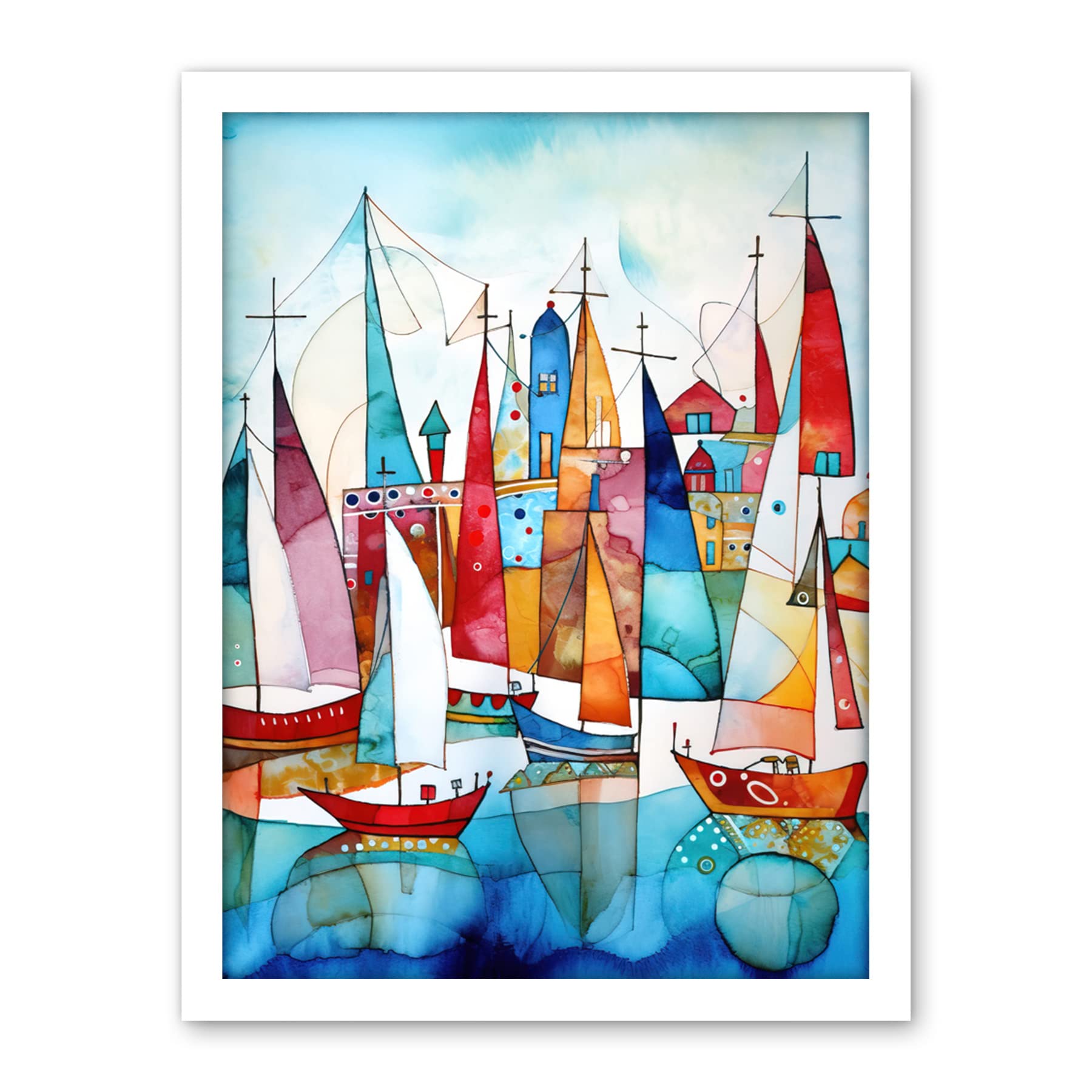 Artery8 Harbour Boats Abstract Folk Art Watercolour Painting Artwork Framed Wall Art Print 18X24 Inch