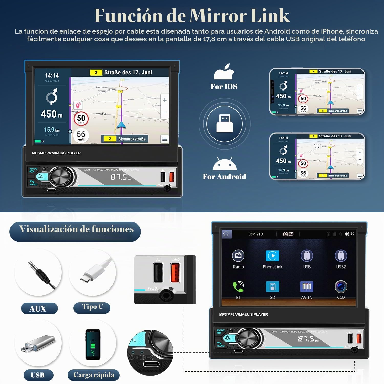 Hikity 7" 1 DIN CarPlay Radio Coche con Bluetooth FM Cámara Trasera | Pantalla Táctil Android Auto Wireless CarPlay Mirror Link EQ Control del Volante Manos Libres USB AUX