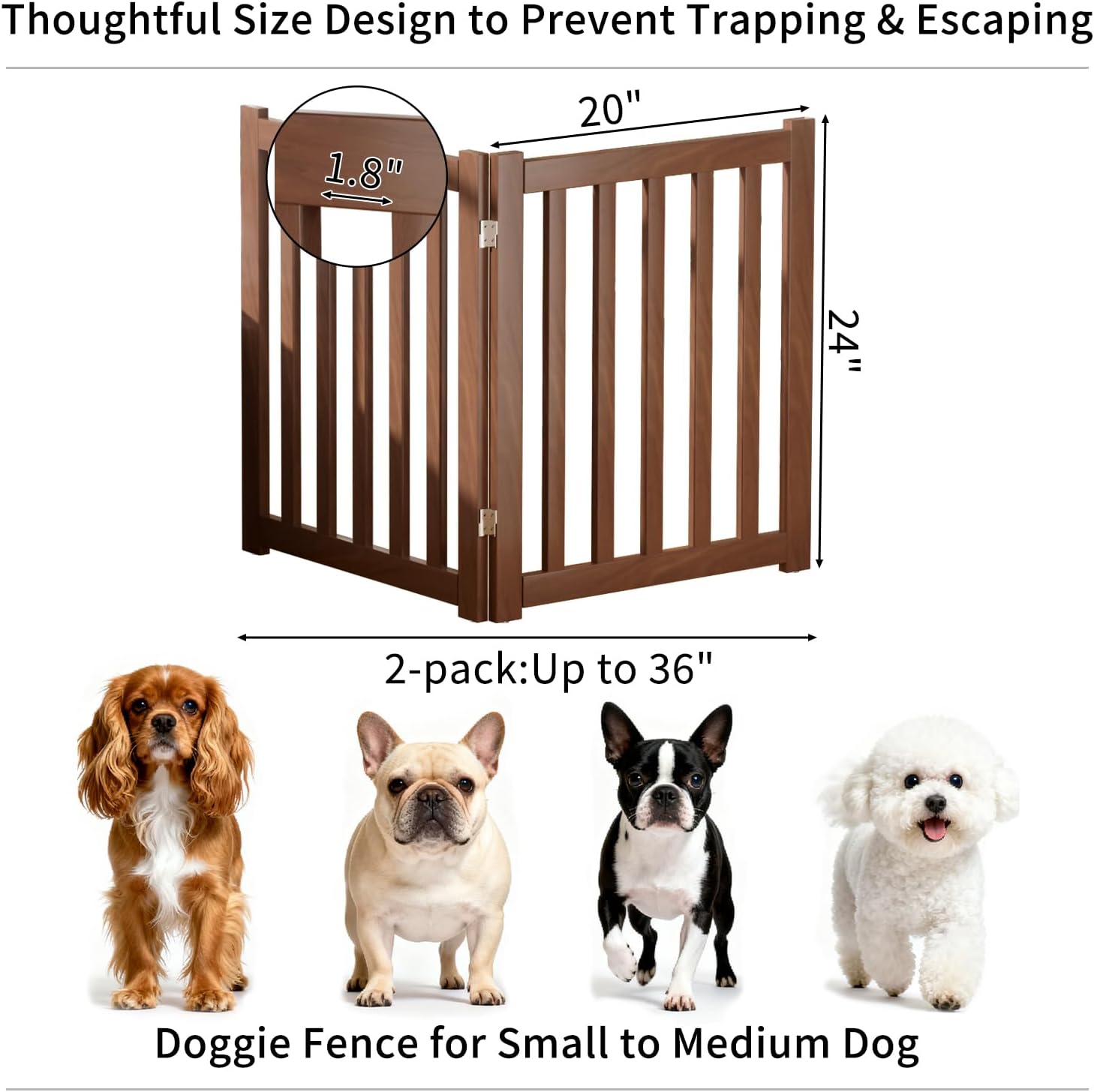 2-Panel Solid Wood Dog Gate - Freestanding Folding Pet Gate for Doorways, Stairs, Indoor, 24" Height, No Installation Needed, Walnut