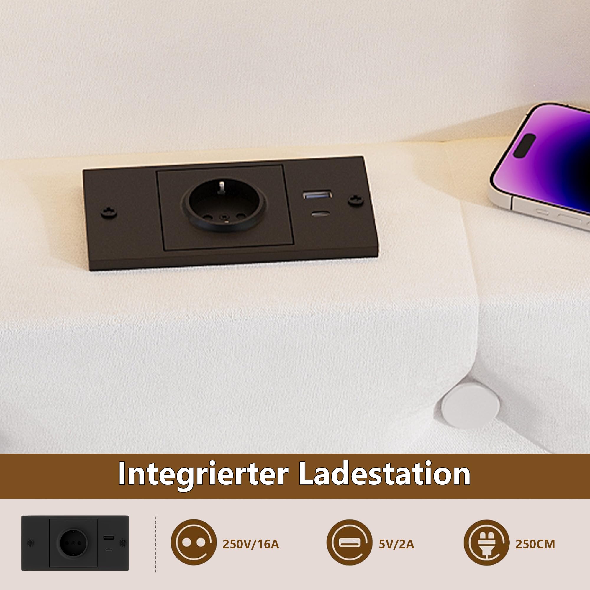 Doppelbett 140 x 200 cm, mit LED, gepolstertes Bett mit Schubladen und USB-Ladeanschluss, Bett mit Aufbewahrung, 140 x 200 cm, Samtstoff, Doppelbett mit USB, ohne Matratze (Weiß, 140 x 200 cm)
