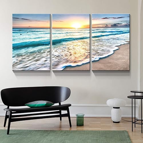 Miniatura 3 de Denozer - Lienzo decorativo de 3 paneles para decoración del hogar, mar azul, puesta de sol, blanco, playa, pintura, impresión sobre lienzo, paisaje