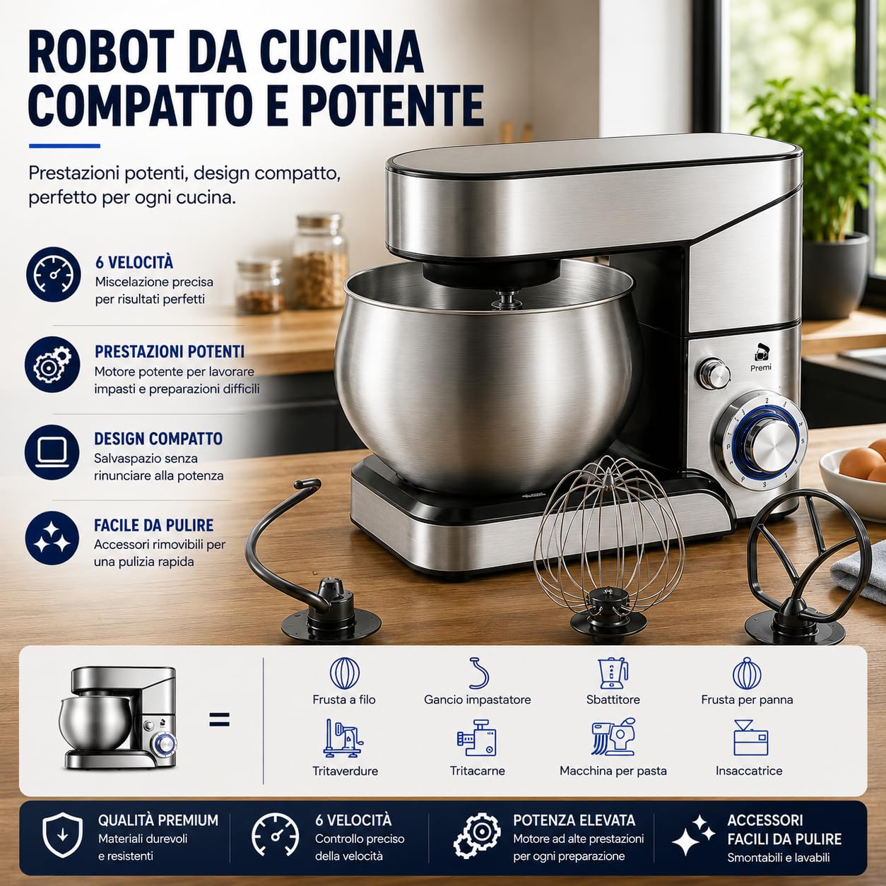 Royal Swiss Robot da Cucina 3 in 1 12L 2000W con Tritacarne e Frullatore in Vetro 1,5L, Impastatrice Planetaria, 6 Velocità, Ciotola in Acciaio Inox XXL, Argento