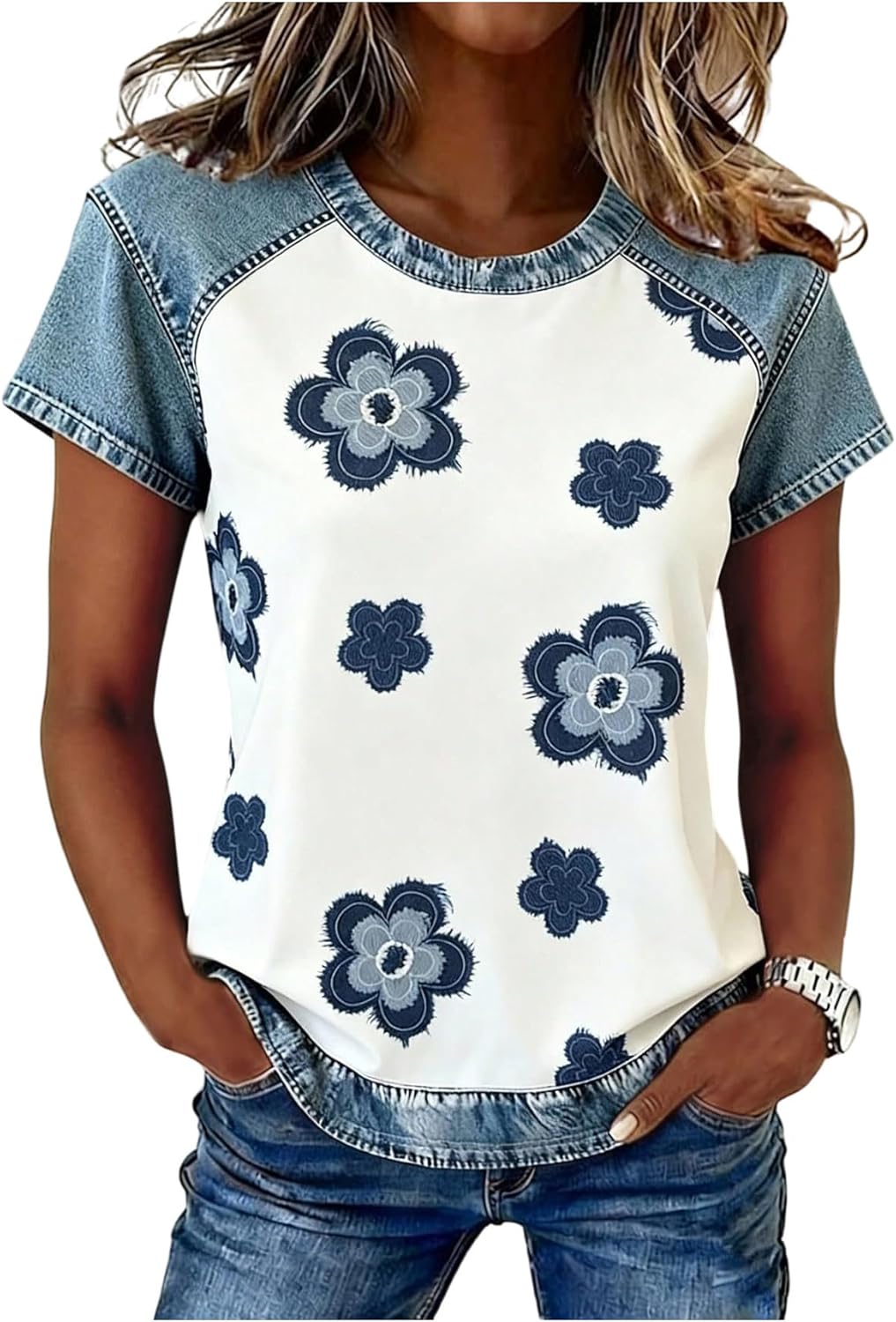SOLY HUX Women's Vintage Tees Plaid Shirt Denim Short Sleeve T Shirts Summer Tops