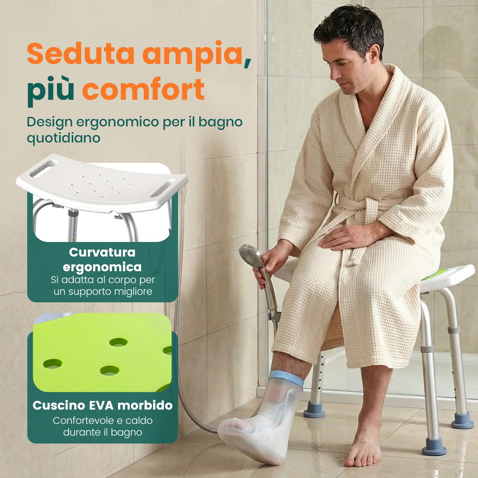 LC02 Sgabello Doccia per Anziani, Sedia Doccia Antiscivolo Regolabile in Altezza fino a 158 kg, Sedia per Doccia Leggera con Seduta Curva e Maniglie Integrate, per Disabili e Gravidanza