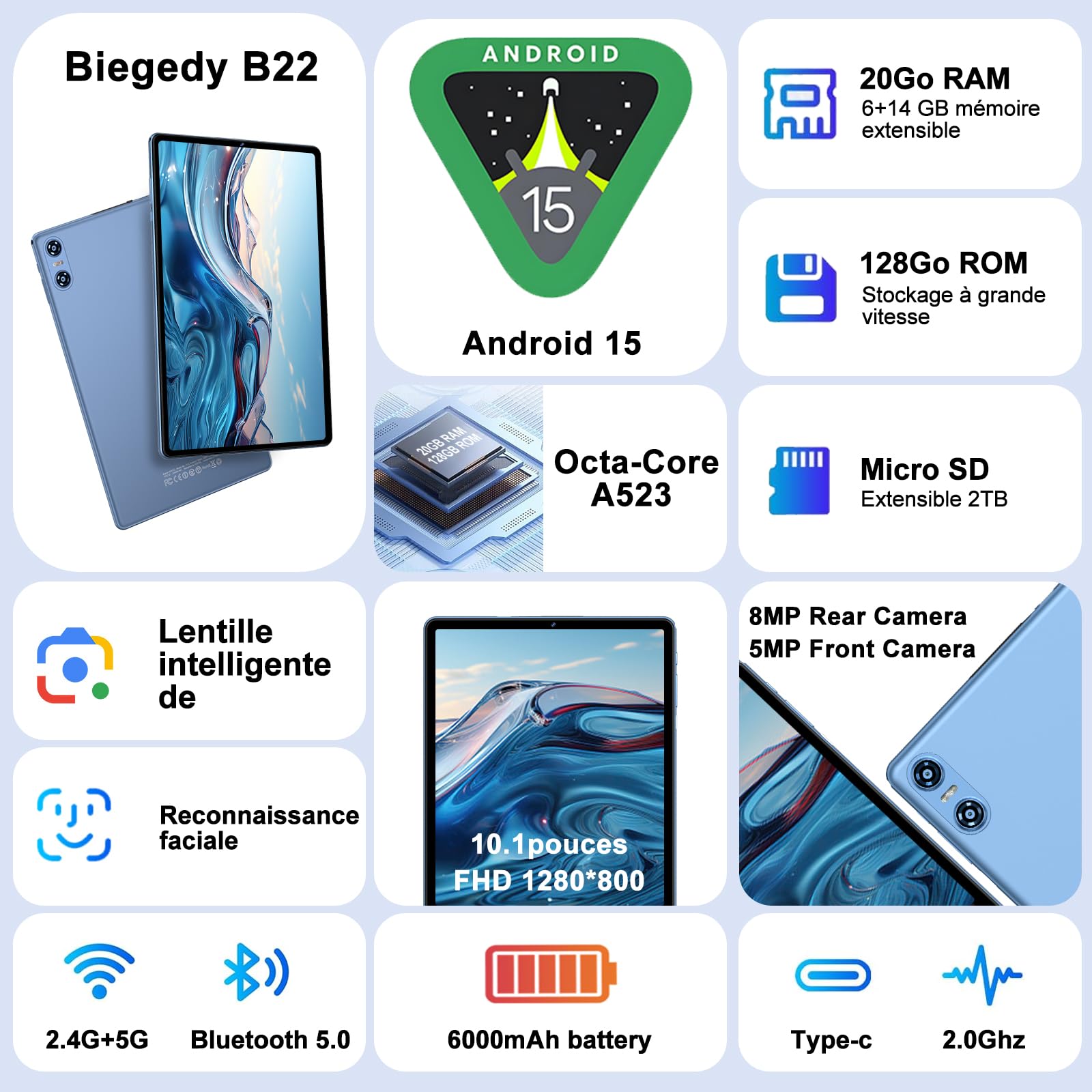 2026 Dernier Tablette 10 Pouces Android 15 avec Gemini AI, 20GO RAM + 128Go ROM, Octa-Core, 5G WiFi 6, Widevine L1, GMS, GPS, BT 5.0, 6000mAh, 5MP+8MP, Tablette avec Clavier+Souris et Cas - Bleu