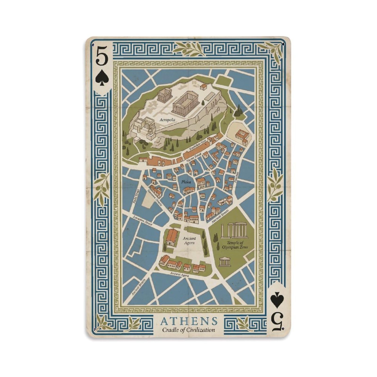 Okngb Style Athens Acropolis Greece Vintage City Map Playing Card Cartography Metal Tin Sign Plaque Wall Decor For Cafe, Man Cave, Club Bar, Office, Home Garden Round Metal Poster 8X12inch