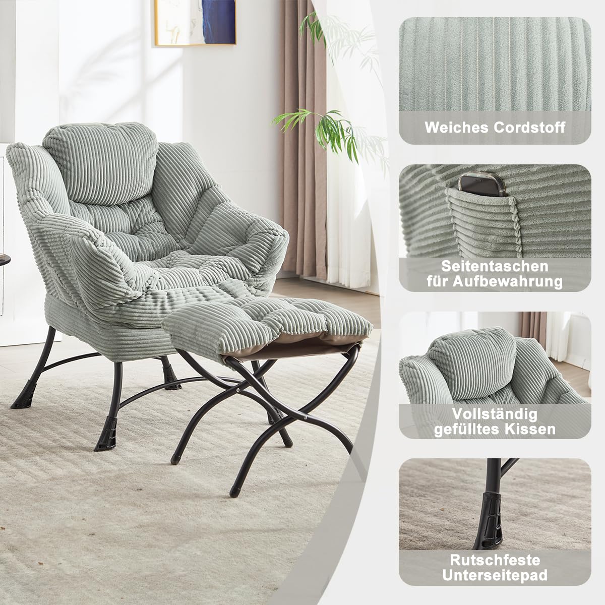 Ohrensessel mit Hocker, Lazy Chair mit Ottoman, Relaxsessel mit Armlehnen, Moderner Loungestuhl mit Fußstütze und Seitentasche im Wohnzimmer Lesesessel, Cord Hellgrau
