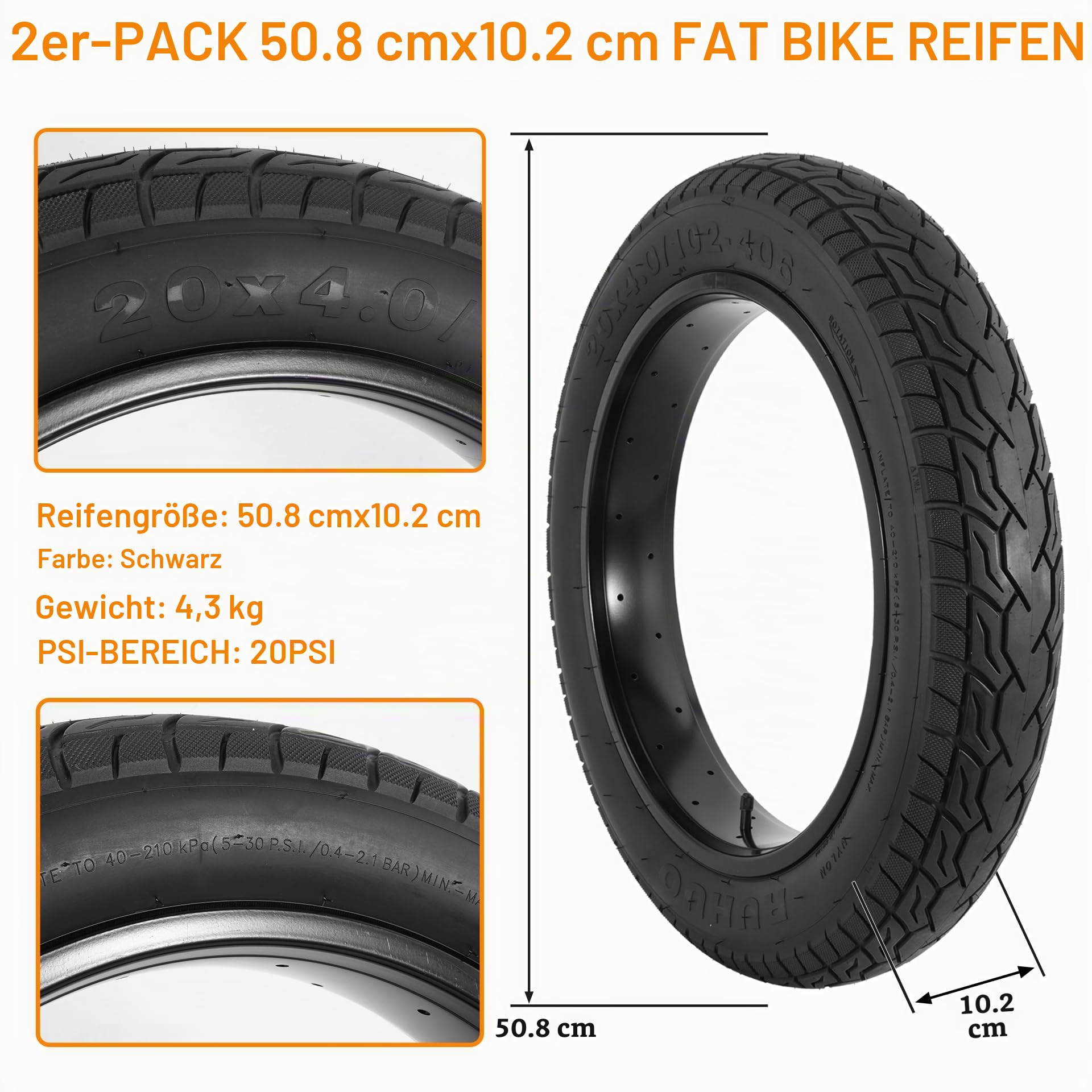 2-Pack 20x4.0 Fatbike Reifen und Schläuche, 20 Zoll Fahrrad Schlauch, Faltenbar Ersatz Bicycle TiresFahrradreifen mit 2 Reifenhebeln Für Mountainbike und E-Bike (DE)