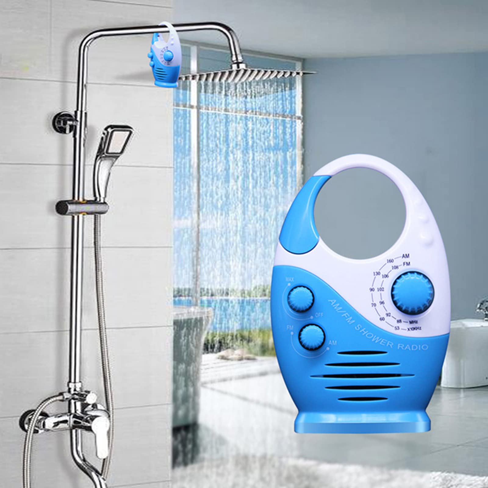 Radio de Douche étanche avec Volume réglable, Mini AM-FM Haut-Parleur pour l'extérieur avec poignée supérieure - Alimenté par Pile,Bleu