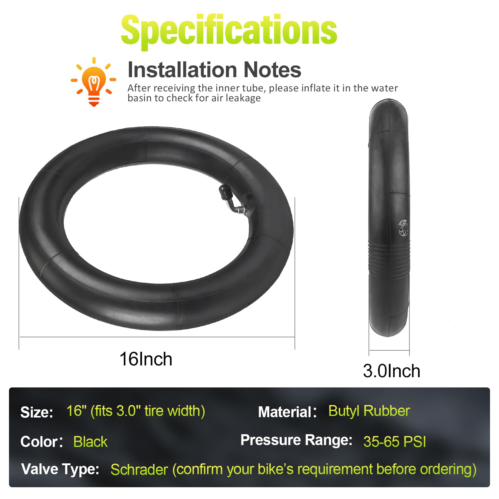 2Pcs 16x3.0 Bike Inner Tube with Bent Valve Stem - Replacement Tube Compatible with 16x3.0, 16x3.25, 16x3.5 Tires - Fits E-Bikes, Electric Scooters, Mopeds
