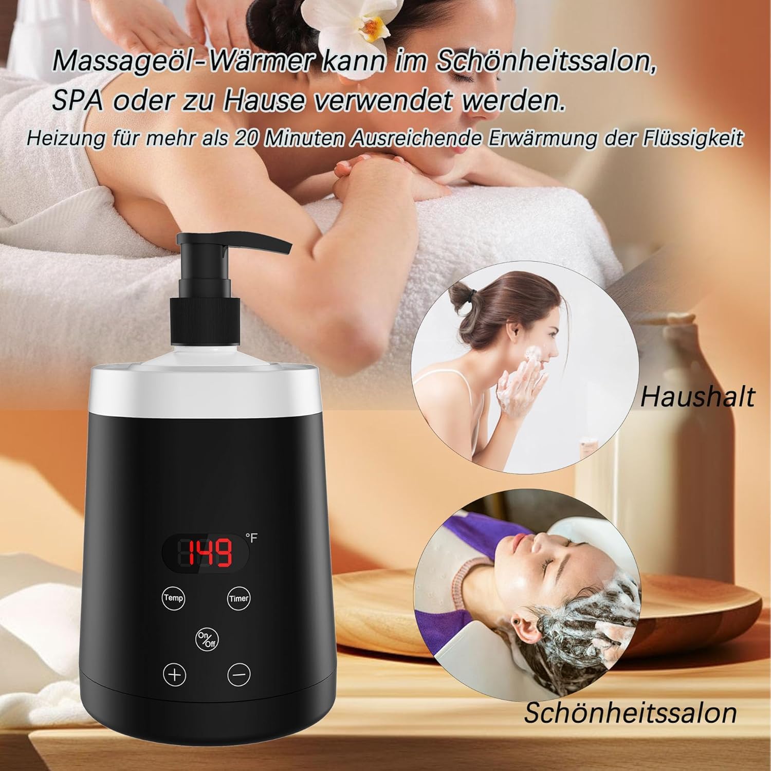 Massageölerhitzer mit zwei Ölflaschenspendern, einem Trichter zum Erhitzen von Massageölen und Lotionen für Heim- und Wellness-Salons