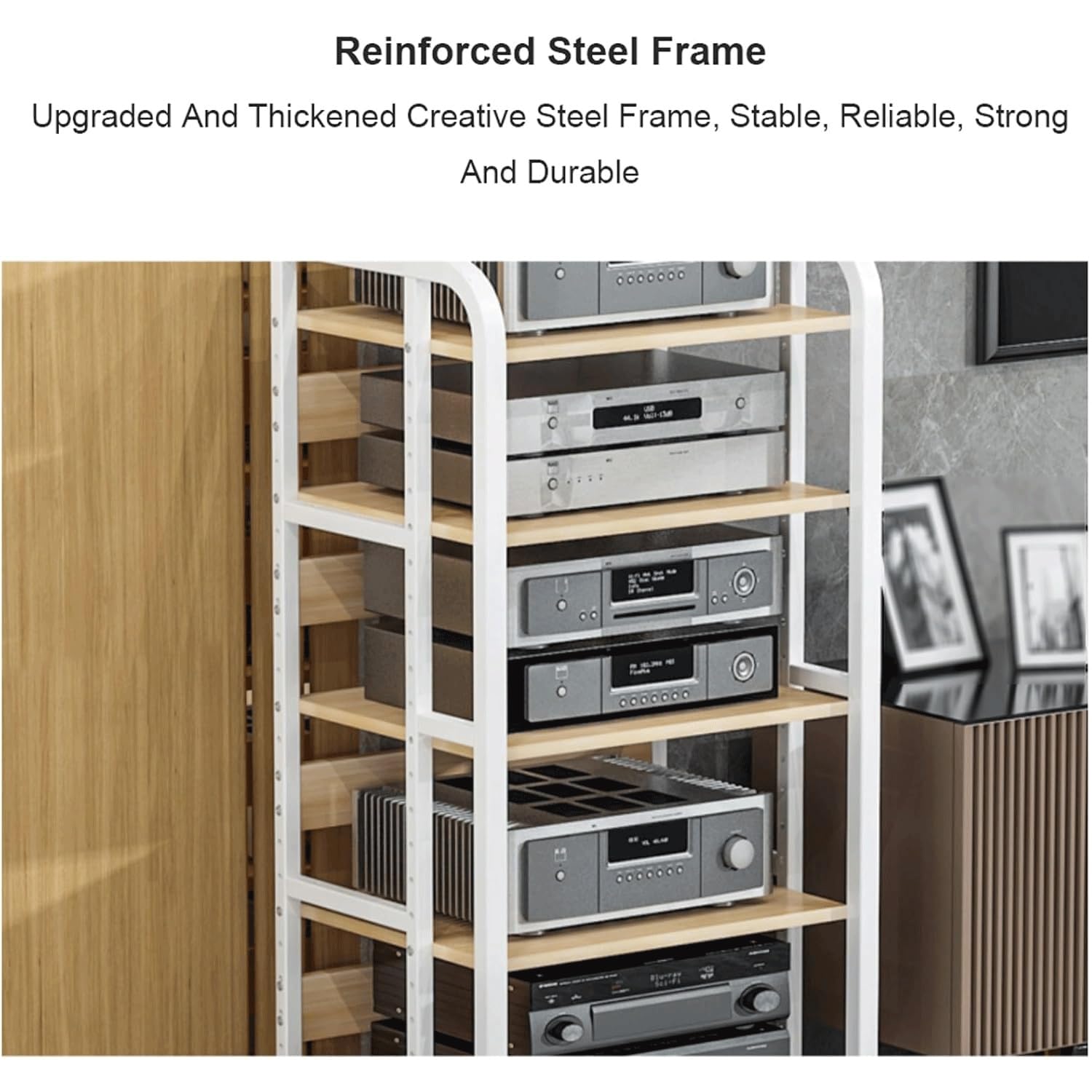 Étagère audio à 3 niveaux avec roulettes réglables en acier pour matériel audio et stockage vidéo Design moderne Woo Open