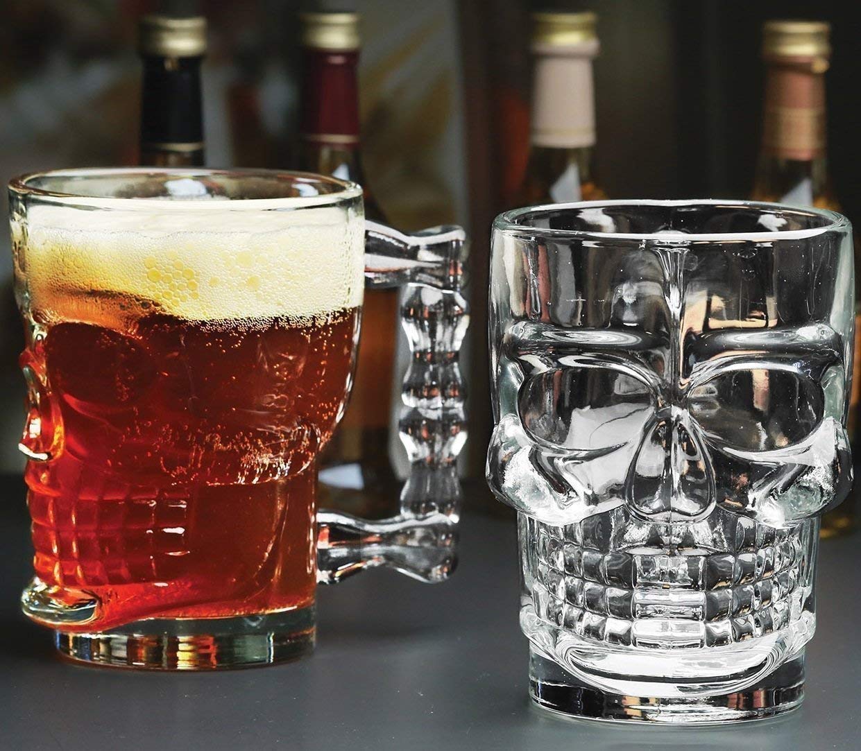 TIENER Skull Design Glass Beer Mugs | 520 ml, Pack of 6 | Glass Mugs with Fancy Handle for Home Dining Table (6, Skull Beer Mug 520ML) 1