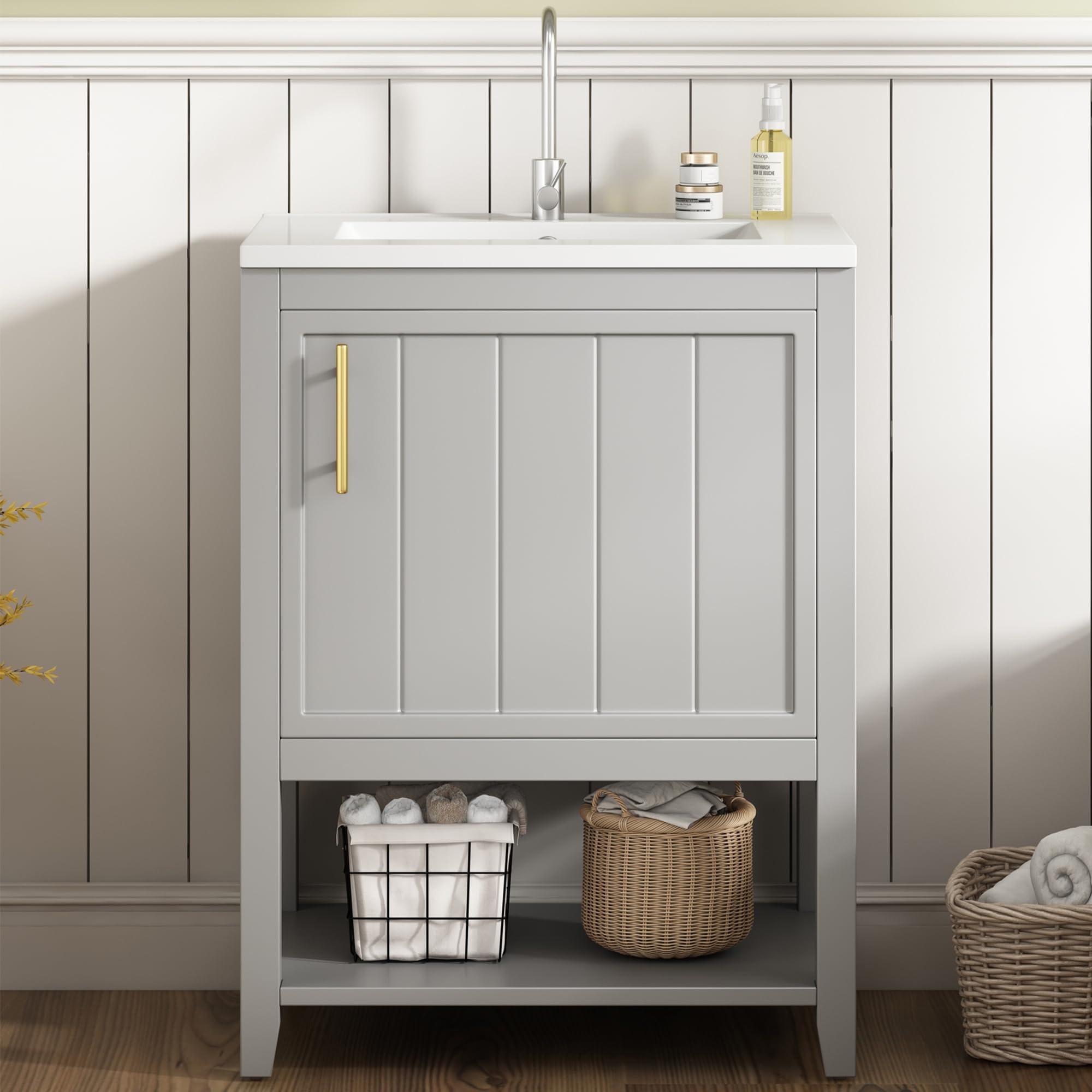 Mueble de baño individual para lavabo de 60 cm con lavabo de cerámica, con estante (gris claro)
