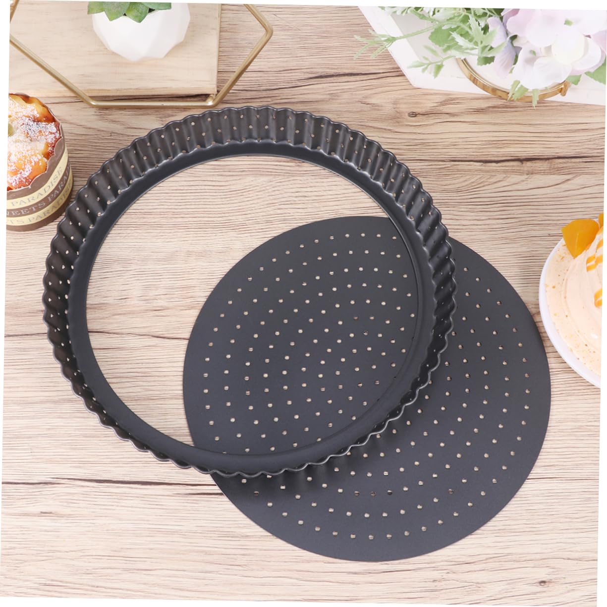 PRETYZOOM Teglia per Pizza Anello Microforato Crostata 24 Cm in Acciaio al Carbonio con Base Rimovibile e Rivestimento Antiaderente per Forno Rotonda