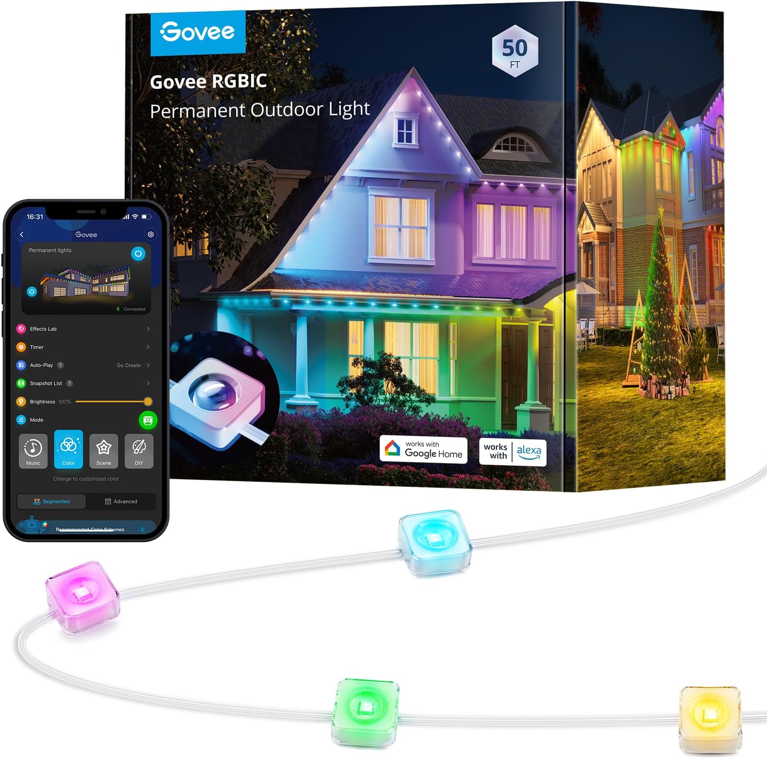 Permanent Outdoor Lights, Smart RGBIC Outdoor Decor with 75 Scene Modes, 50ft with 36 LED Lights, IP67 Waterproof for Holiday Decorations, Work with Alexa, Google Assistant, White