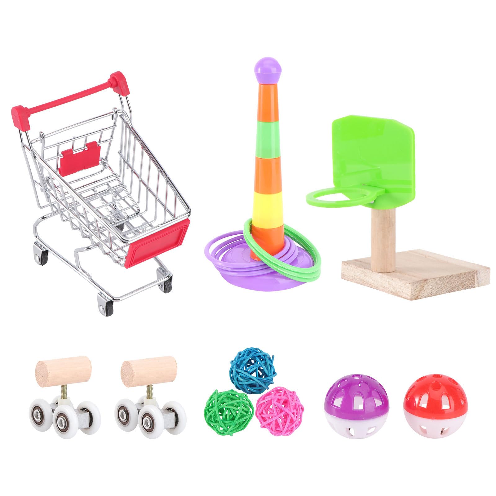 Hohopeti Vogelspielzeug Satz für Wellensittiche mit Kauspielzeug und Plastik Robust und Bissfest Inkl Skateboard Spielzeug und Basketballständer für Vogelkäfige Zufällige Farbe