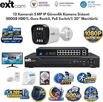 ExitCam 12 Kameral  5 MP IP PoE G venlik Kamera Sistemi   20  n  Monit r, 500 GB HDD, 300 Metre Kablo, Sesli ve Gece Renkli