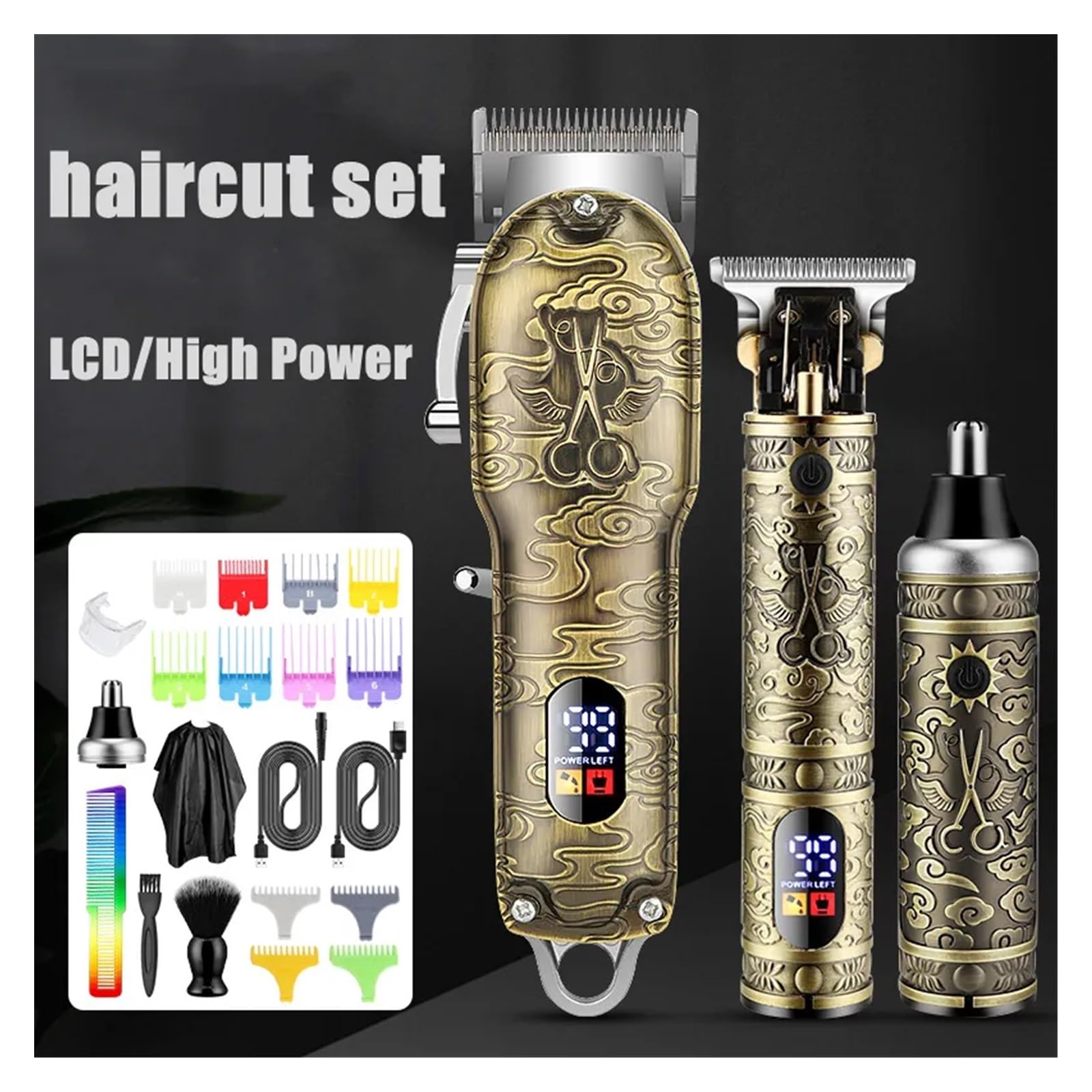 Set di rasoi da barbiere elettrico professionale con testa di olio, spintore per intaglio e cesoia, rasoio per naso e capelli, confezione regalo (bronzo)
