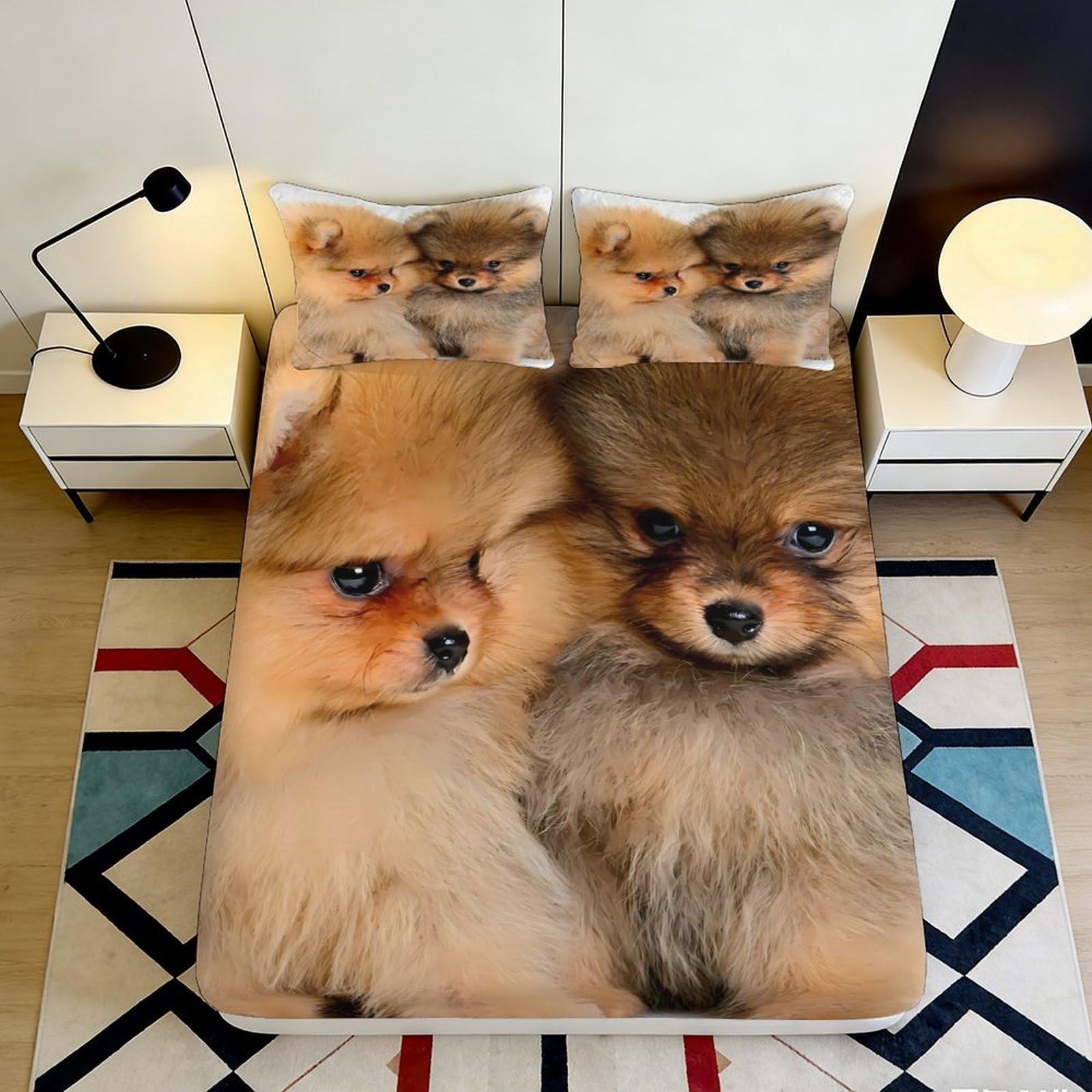 3D Printed Cute Pomeranian Puppies Fitted Sheet Microfiber Soft Breathable Fluffy Dog Mattress Cover for Bedroom Dormitory Guest Room Mattress Protection Decor 140x200x25cm
