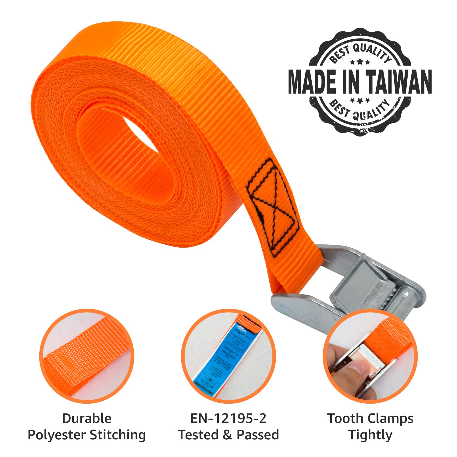 Amazon Basics Cinghie di fissaggio, lunghezza 6 m, larghezza 25 mm, capacità di carico 150 kg, conformi a DIN EN 12195-2, 4 unità, confezione da 1, colore arancione