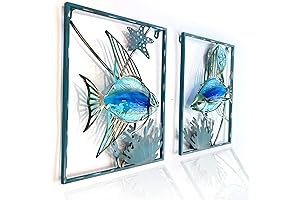 LIFFY Metal Fish Wall Decor with Frame- Patio Art Glass Sculpture Wall Art