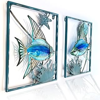 LIFFY Metal Fish Wall Decor with Frame-Outdoor Wall Art, Wall Decor with LED Fairy Lights, Fish Glass Art Wall Sculpture for Patio,Beach,Garden,Yard,Pool,home gift(2pcs, Blue)