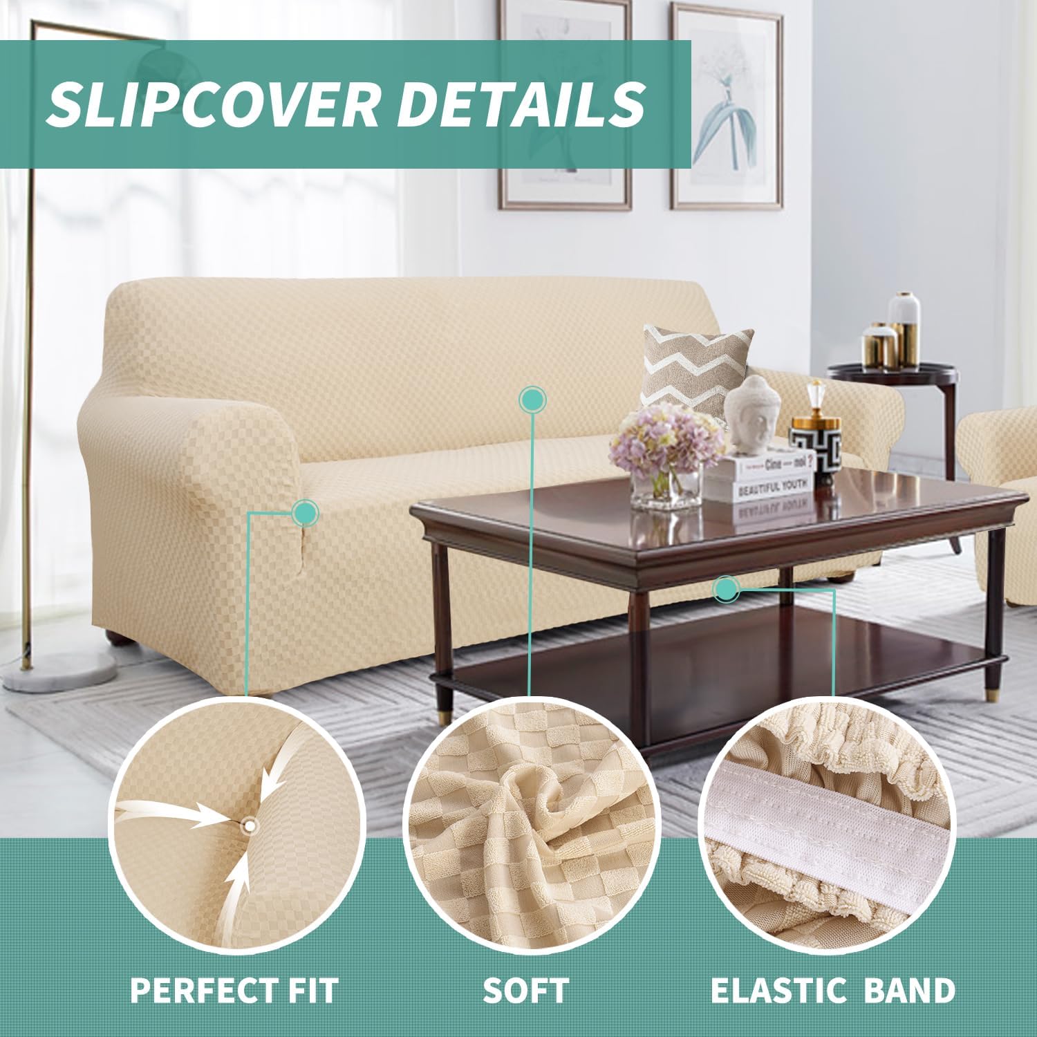 YEMYHOM Couch Cover Latest Jacquard Design High Stretch Sofa Covers for 3 Cushion Couch, Pet Dog Cat Proof Slipcover Non Slip Magic Elastic Furniture Protector (Sofa, Beige)