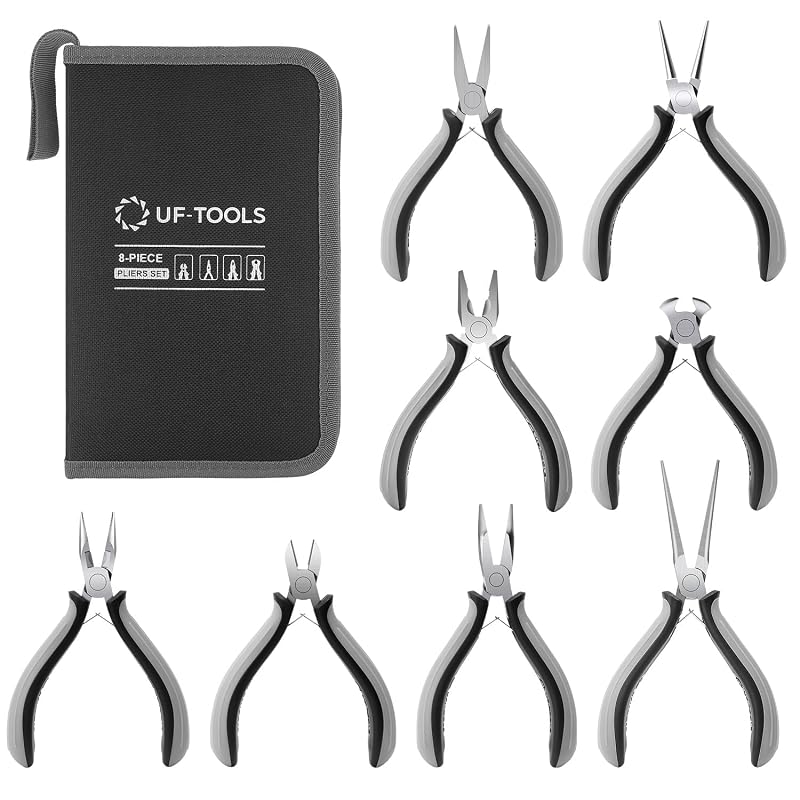 Kit de Alicates Mini SOONAN para Joalheria e Reparos, com Bico Longo, Corte e Ponta Curva, Cinza, 8 peças