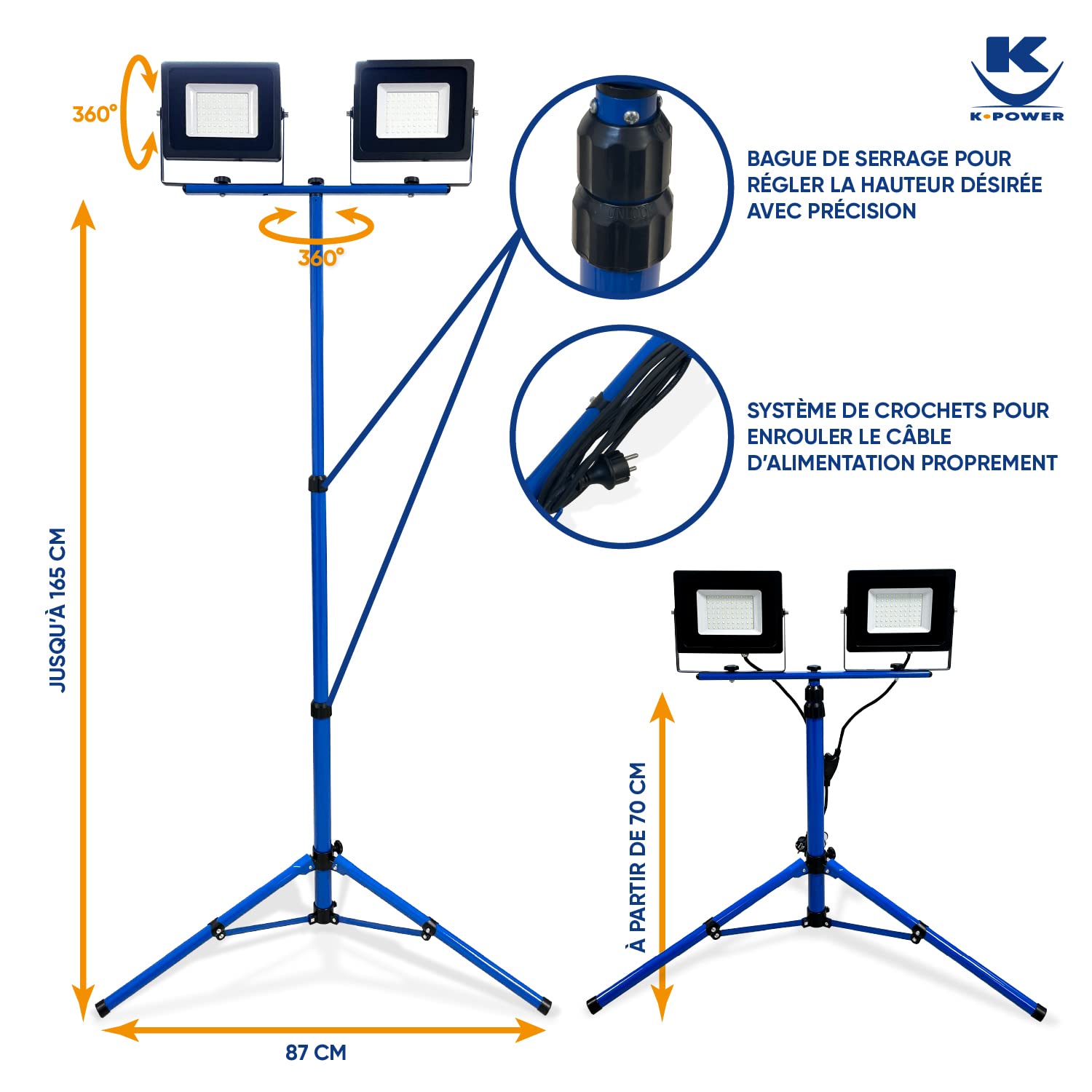 KELI - Projecteur De Chantier LED 2x50W, 2 Têtes Sur Pied télescopique, Qualité Professionnelle, 7500 Lumens, Etanchéité IP65,