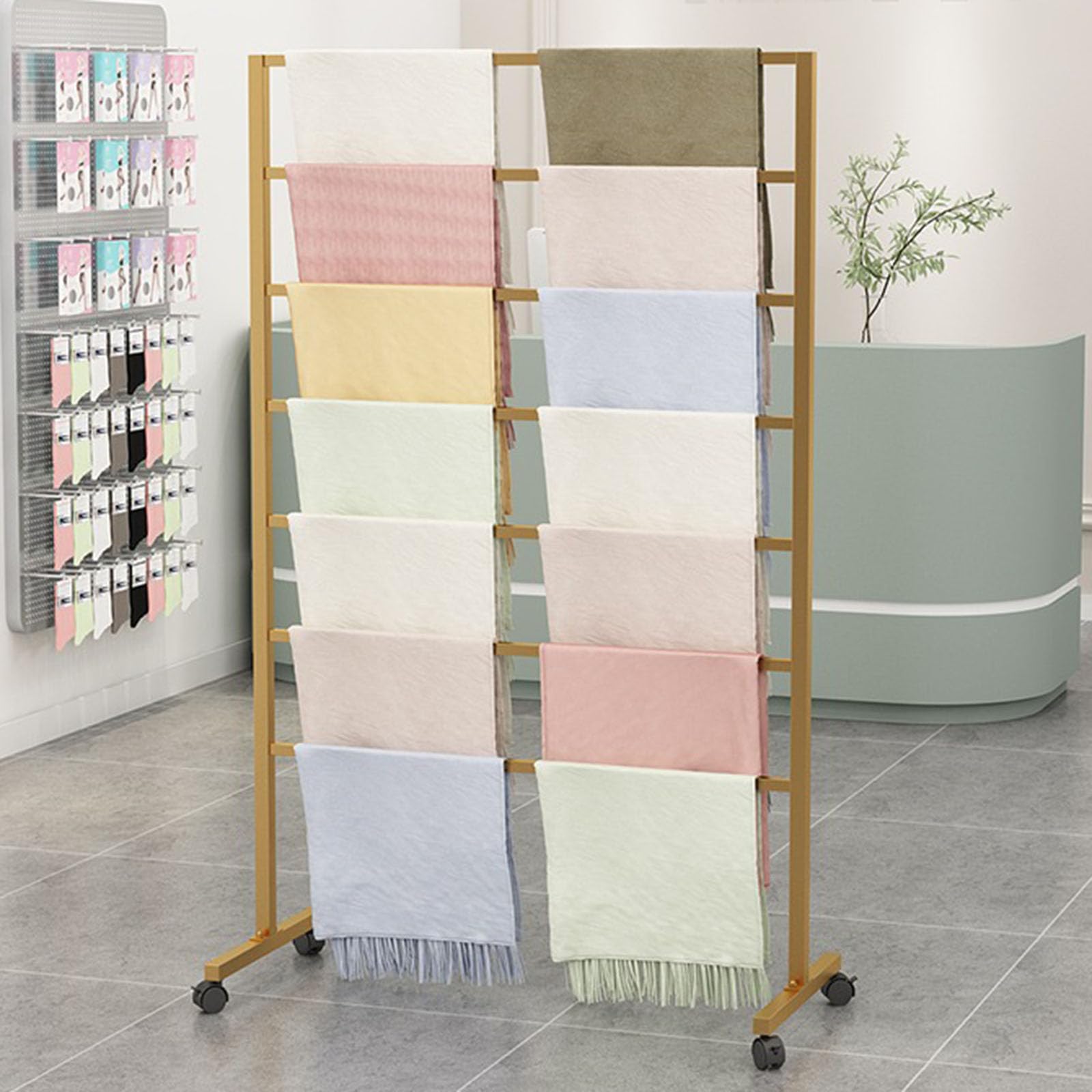 YNBSHGAA 7 Tier Metal Scarf Display Stand with Wheels, Freestanding Rack for Retail Store Use,Gold-Length 120cm