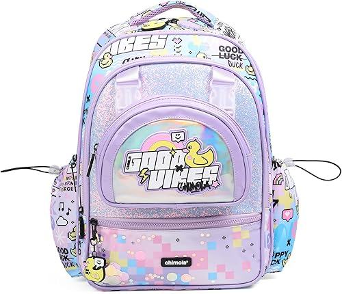 Mochila de 16 pulgadas para niñas preescolar, jardín de infantes, escuela primaria, mochila escolar púrpura con múltiples bolsillos, ligera, Kawaii