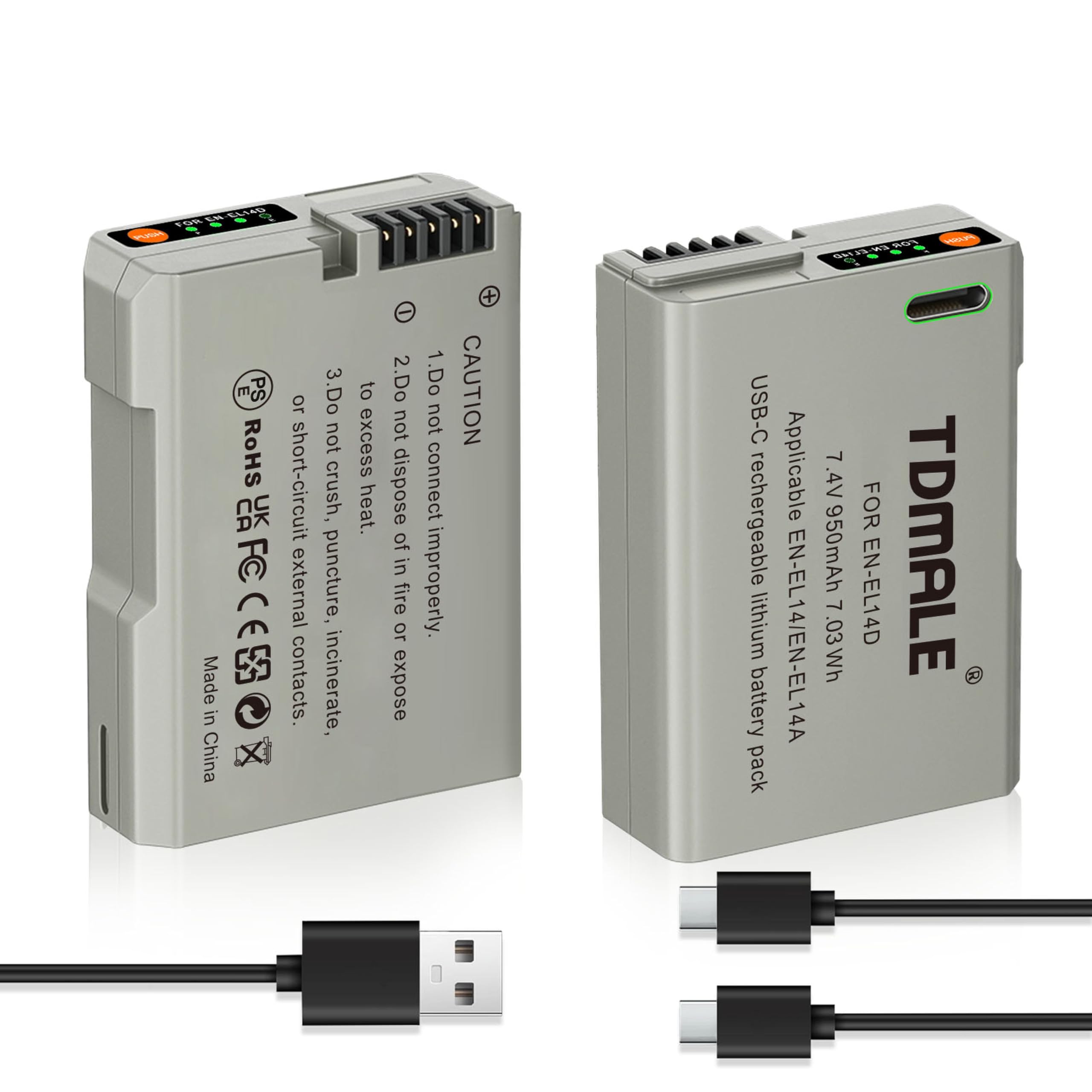 2-Pack 950mAh Replacement Batteries for EN-EL14 EN-EL14A with Type-C Direct Charging Port Compatible with Nikon EN-EL14 D3100 D3200 D3300 D3400 D3500 D5100 P7000 P7700 P7800 Cameras