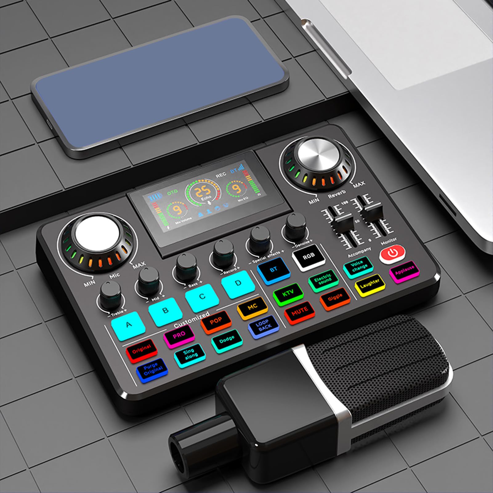 Scheda audio live, scheda mixer audio professionale con cambio voce, schermo LED regolabile, riverbero e luci RGB, mixer audio per streaming e podcasting