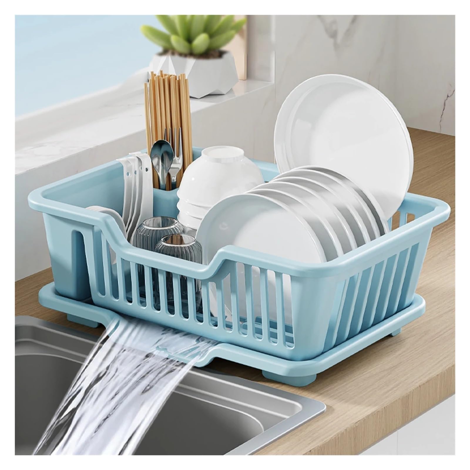 Abtropfgestell For Abtropffläche In Der Küche | Geschirr-Organizer mit Abtropfschale for Teller, Schüsseln, Essstäbchen und Löffel(White)