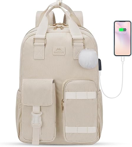 MATEIN TSA - Mochila para adolescentes y niñas, de 15.6 pulgadas, bonita bolsa de pana para computadora universitaria con puerto de carga USB,