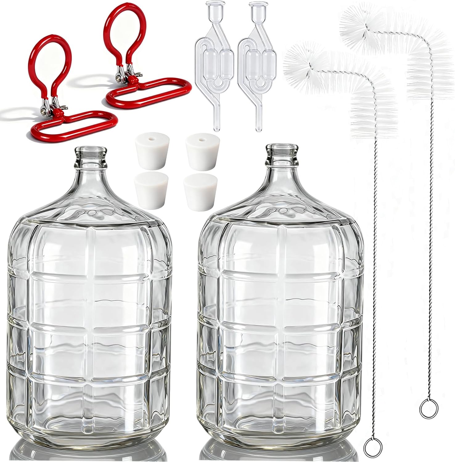 2 Set 5 Gallon Glass Carboy with 2 Airlocks for Fermenting Glass Jug 2 Drilled and 2 Undrilled Rubber Stoppers 2 Carboy Handles 2 Brushes for Beer Wine Making Equipment (5 Gallon)