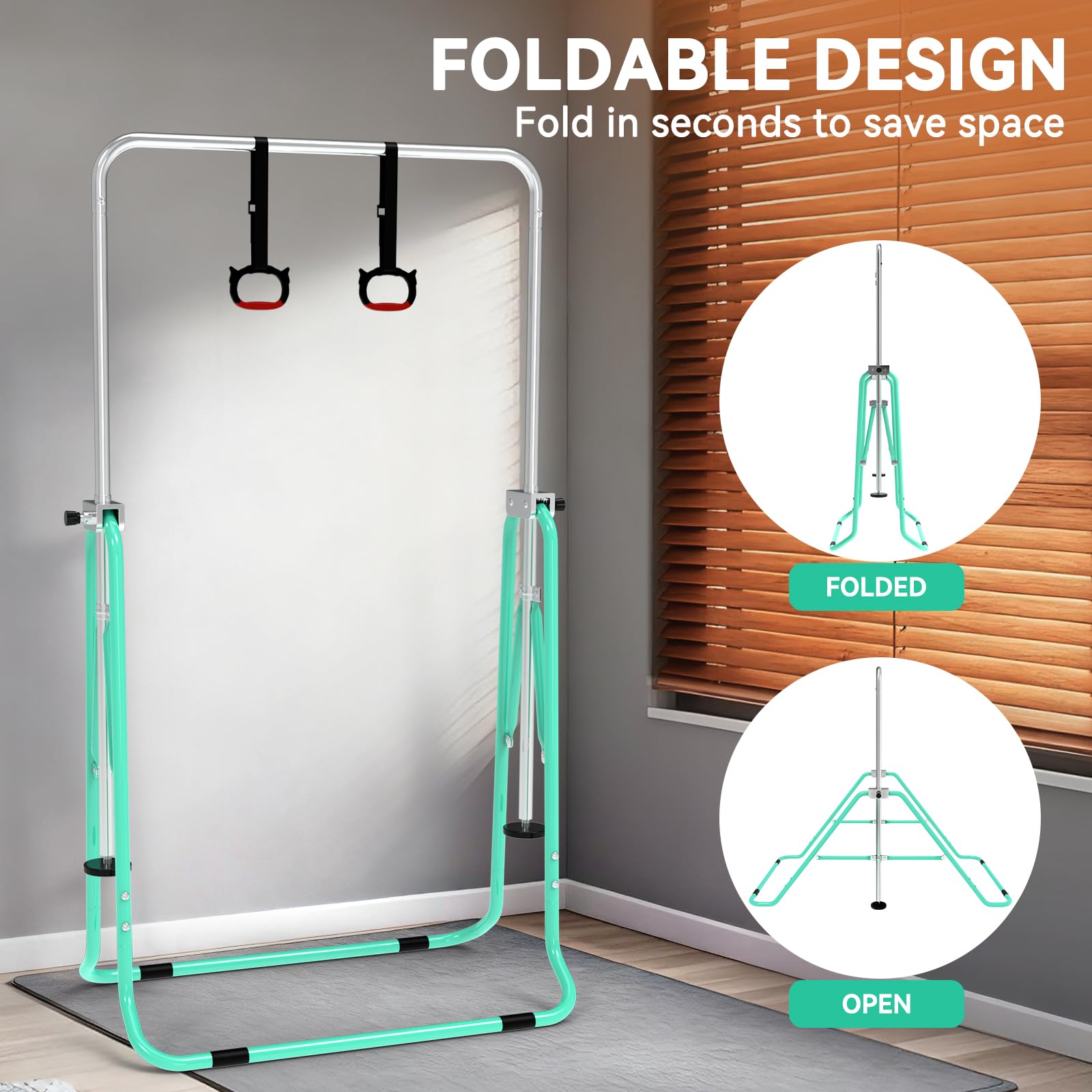 Barra de Gimnasia para Niños, Altura Ajustable y Plegable – con Anillos, Barra Horizontal para Interior, Equipo de Entrenamiento en Casa para Niñas y Niños
