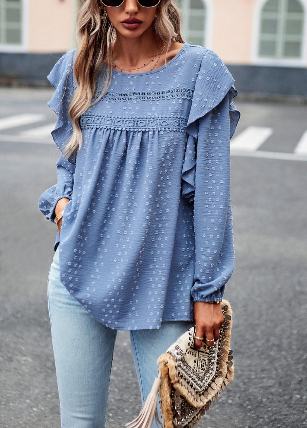 Blouse Femme Chic Et Élégant,Chemisier pour Femme Chemises À Manches Longues Bleu Solide Col Rond Bordure en Dentelle À Pois Volants Chemise Pull Plissée Élégante Chemise Décontractée Ample