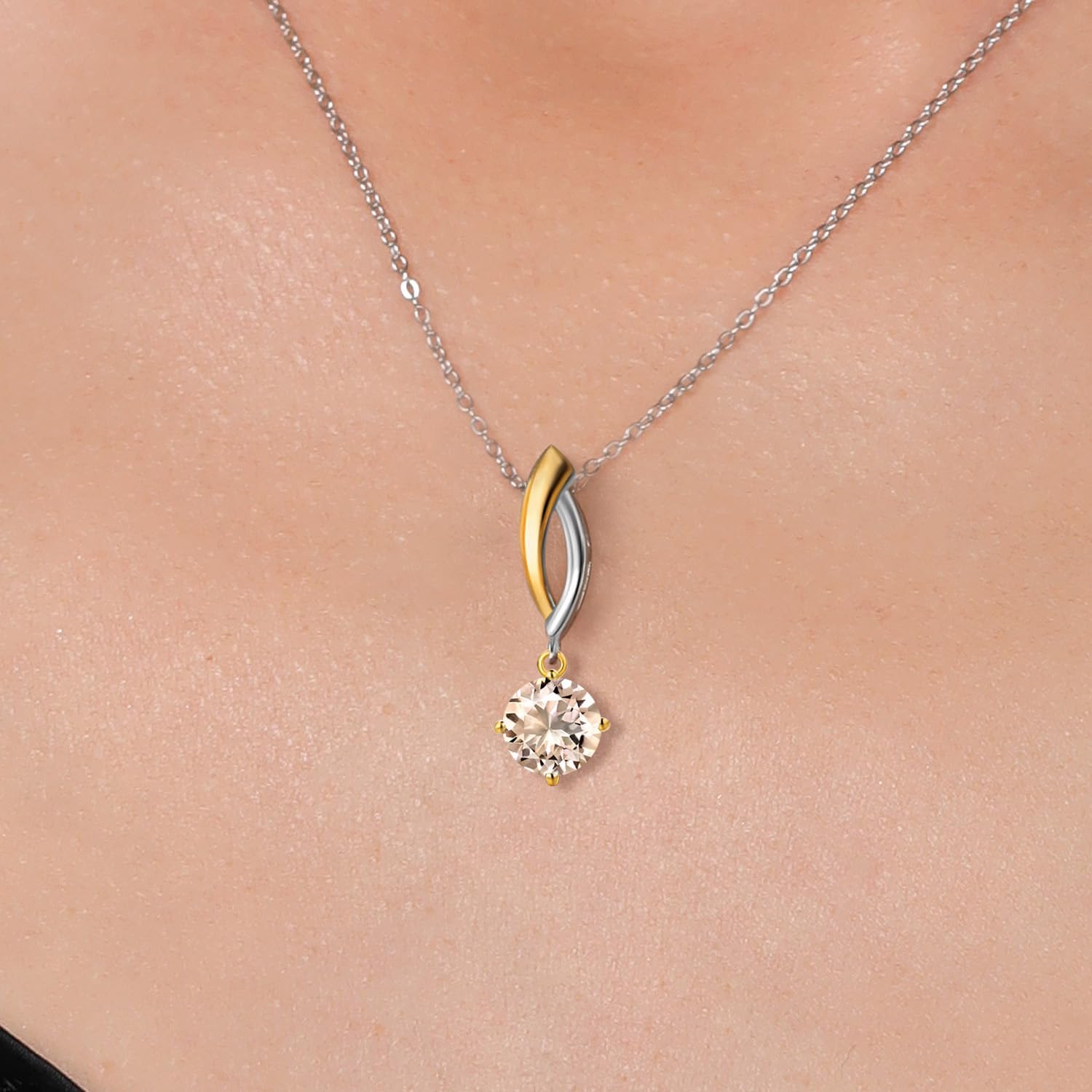 Gem Stone King 925 Silver and 10K Yellow Gold Peach Morganite Pendant Necklace for Women | 0.60 Cttw | Gemstone October Birthstone | Round 6MM | With 18 Inch Silver Chain - Image 3