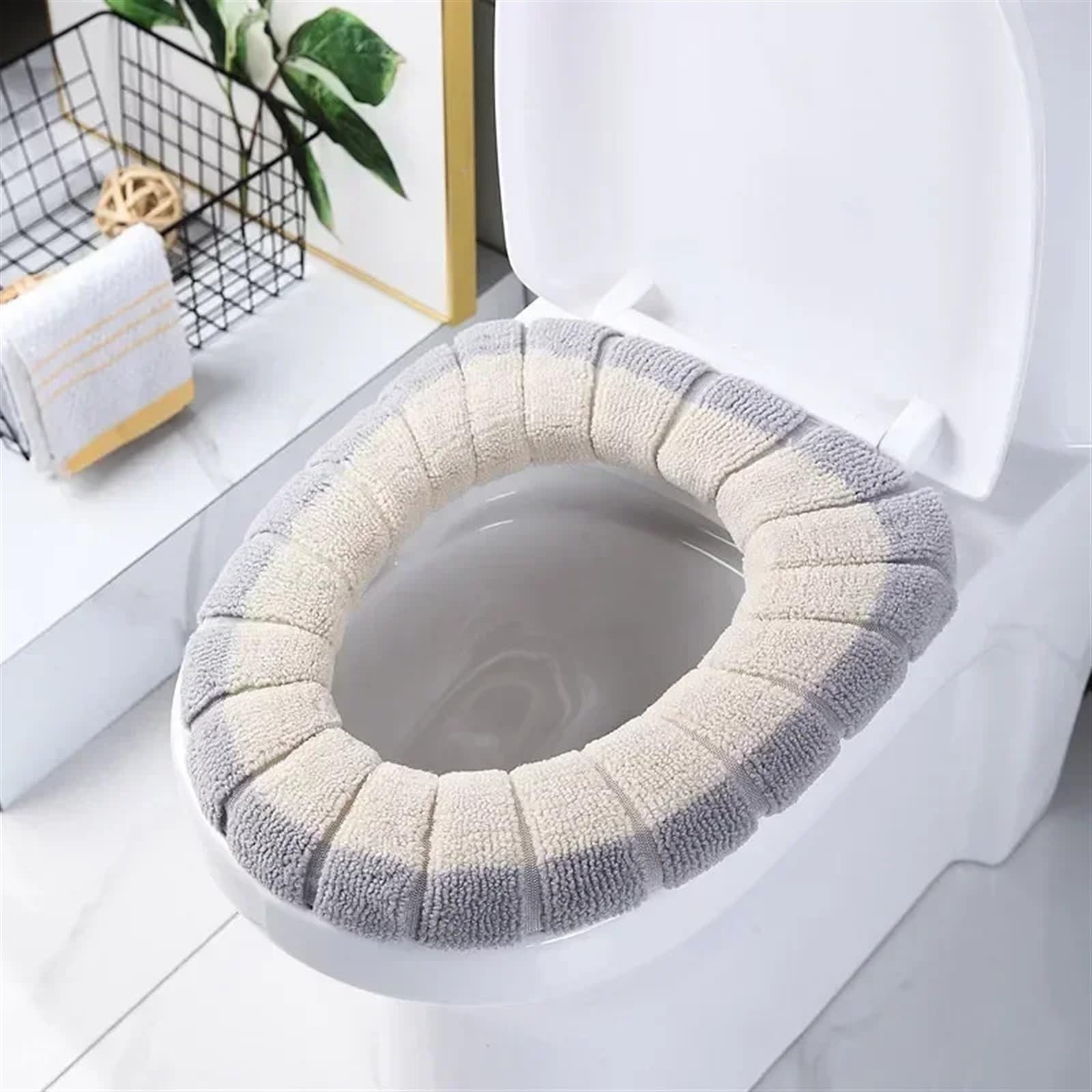 Couvre-siège de toilette beige en tricot épais et lavable pour la salle de bain