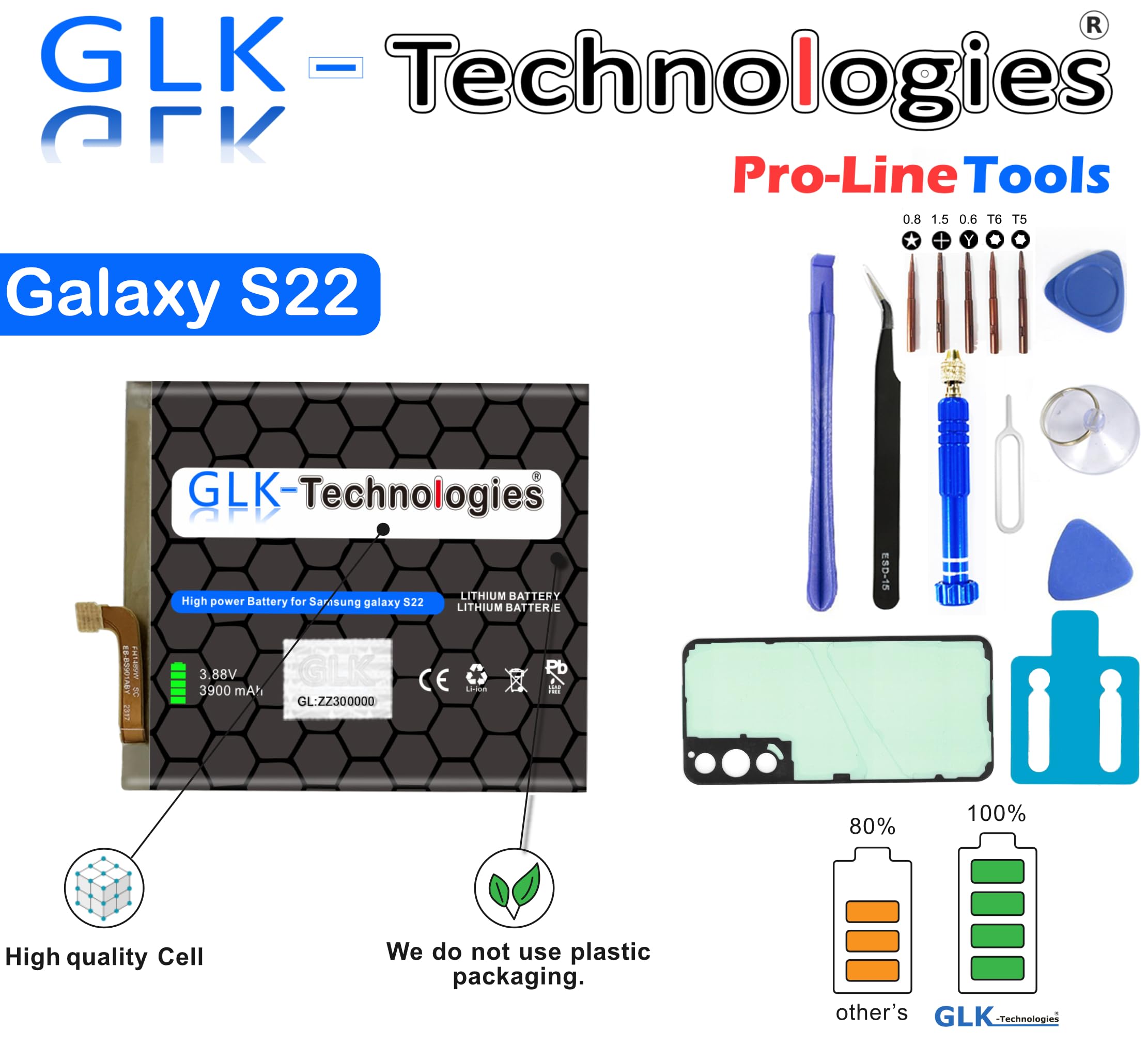High Power Ersatzakku kompatibel mit Samsung Galaxy S22 5G SM-S901 EB-BS901ABY | GLK-Technologies® Battery | accu | 3900 mAh Akku | inkl. Profi Werkzeug Set Kit NUE 2026 BJ